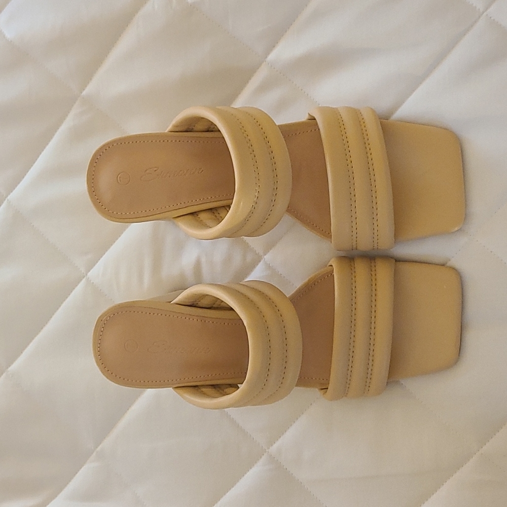 Women's nude two strap square toe heel sandals